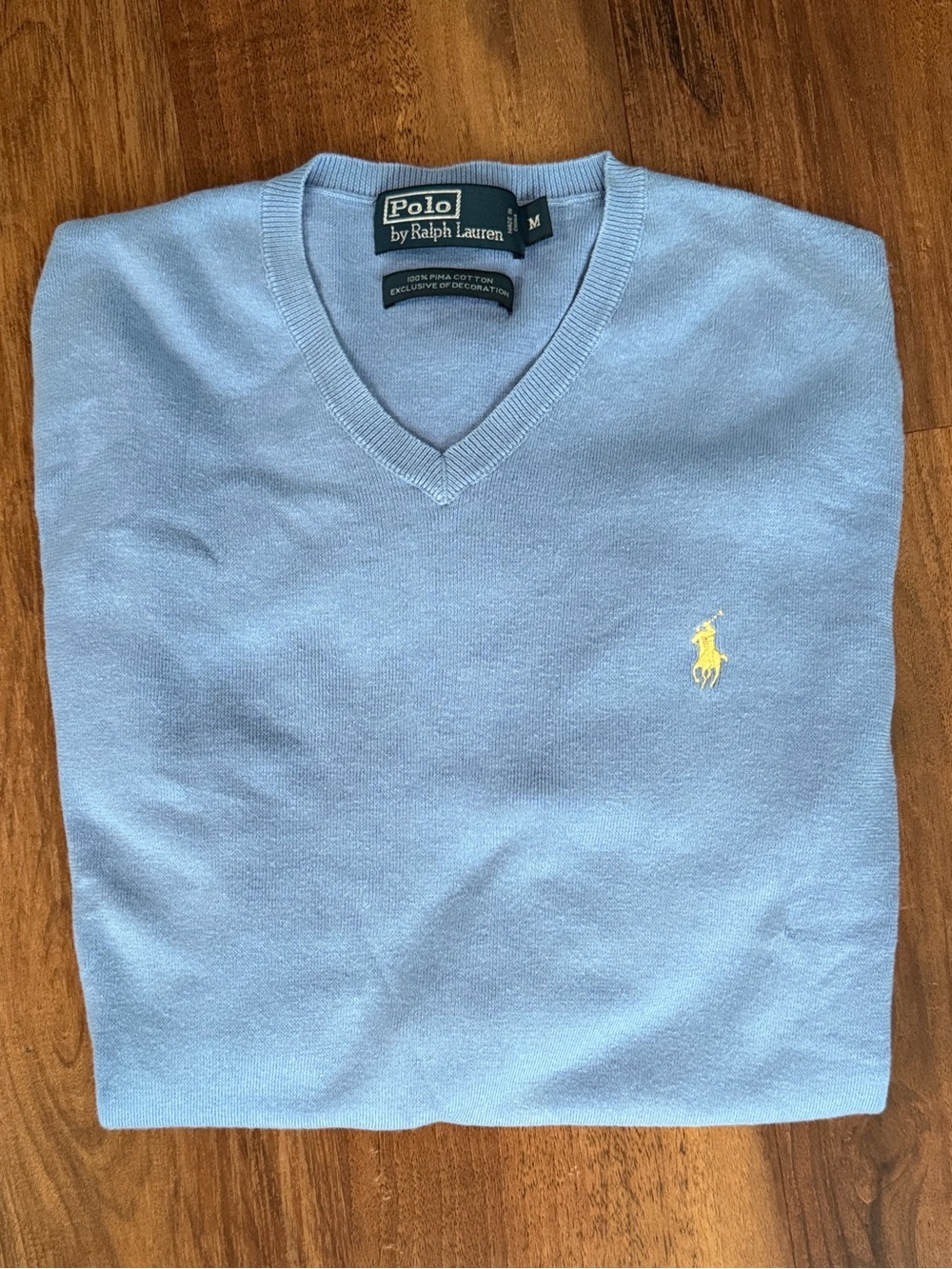 Polo by Ralph Lauren Sky Blue V-Neck Sweater with Yellow Logo